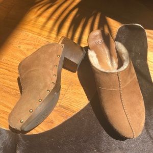 UGG Clog Brown Suede Heels with Fur Inside